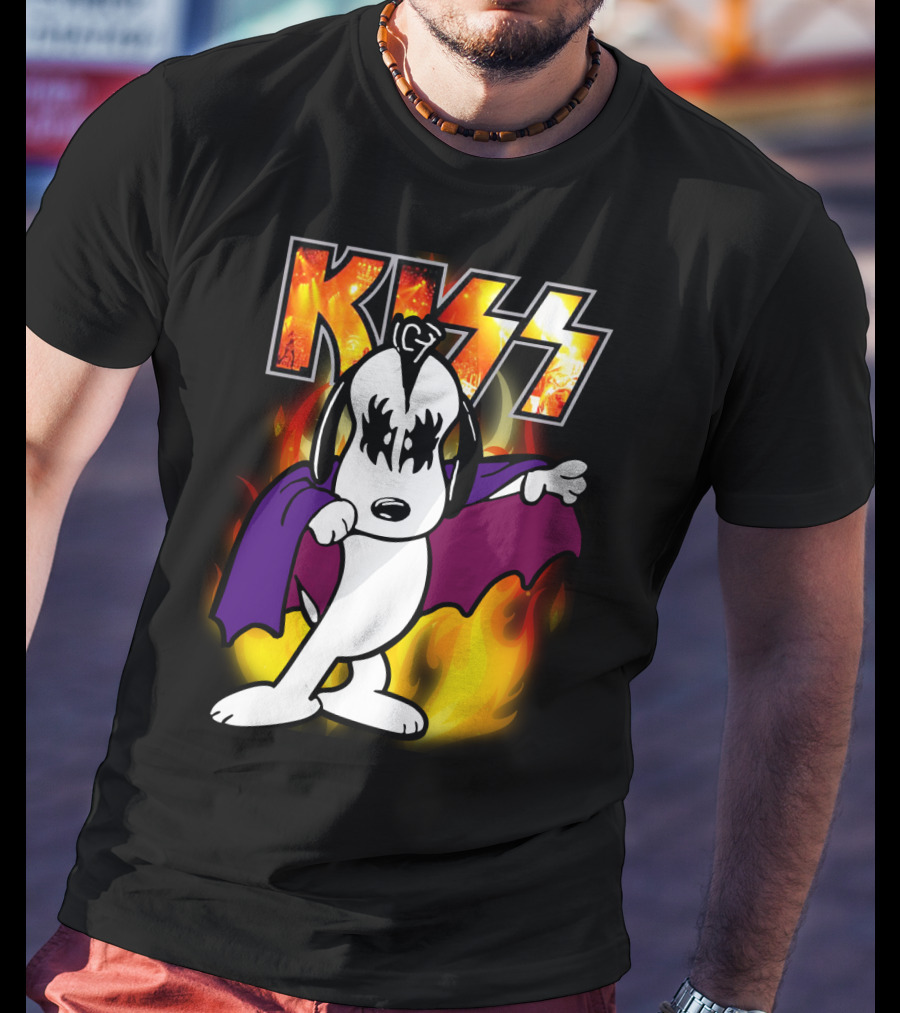 KISS Snoopy Peanuts Mashup With Flames And Comic T-Shirt