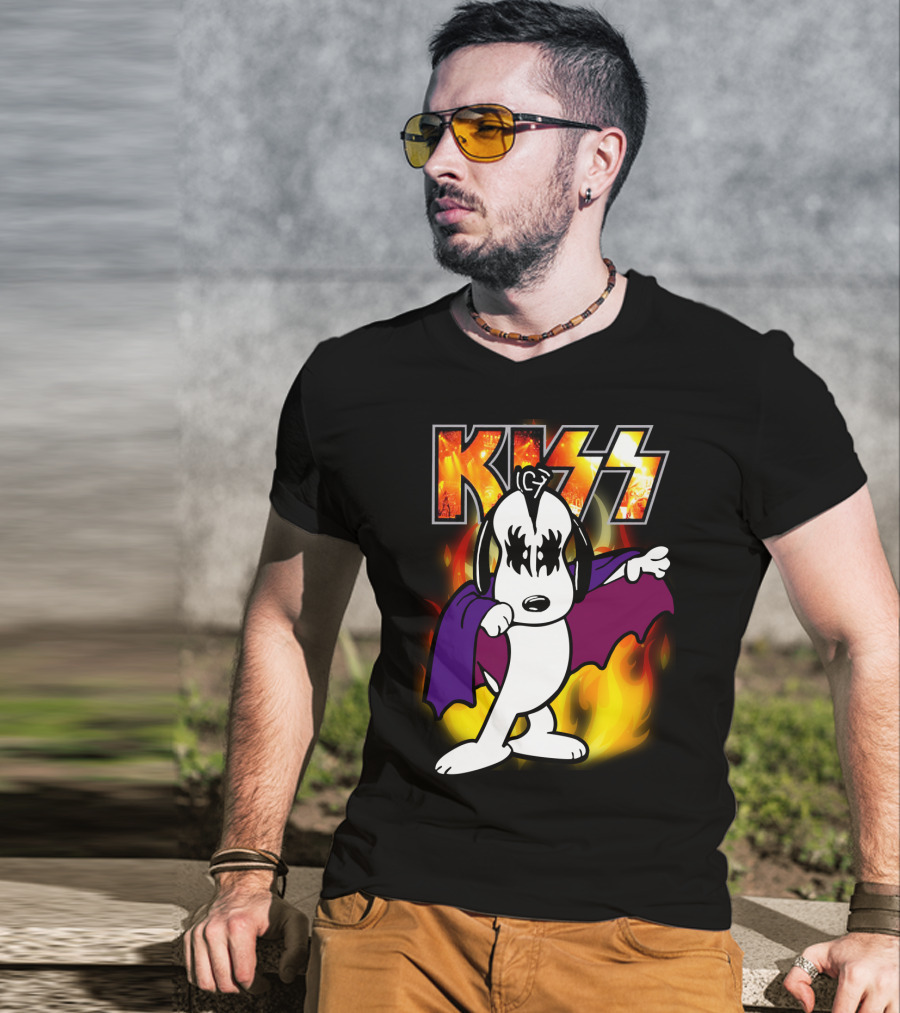 KISS Snoopy Peanuts Mashup With Flames And Comic T-Shirt