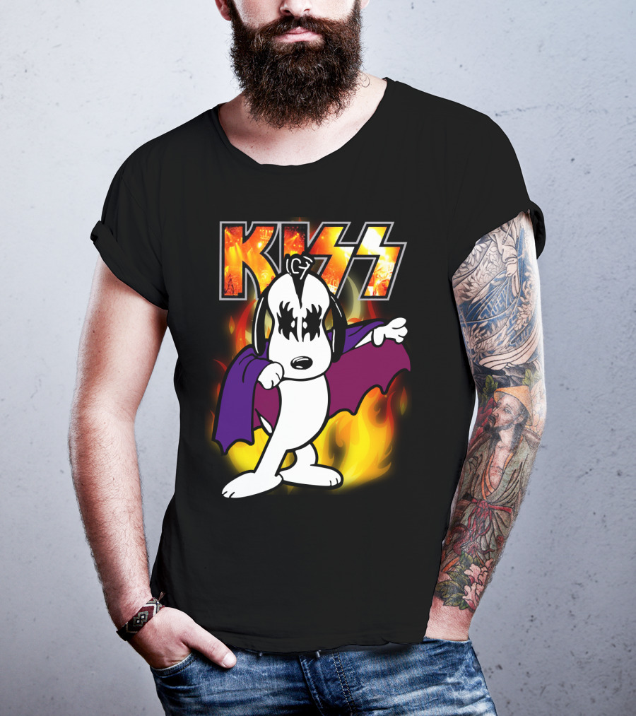 KISS Snoopy Peanuts Mashup With Flames And Comic T-Shirt