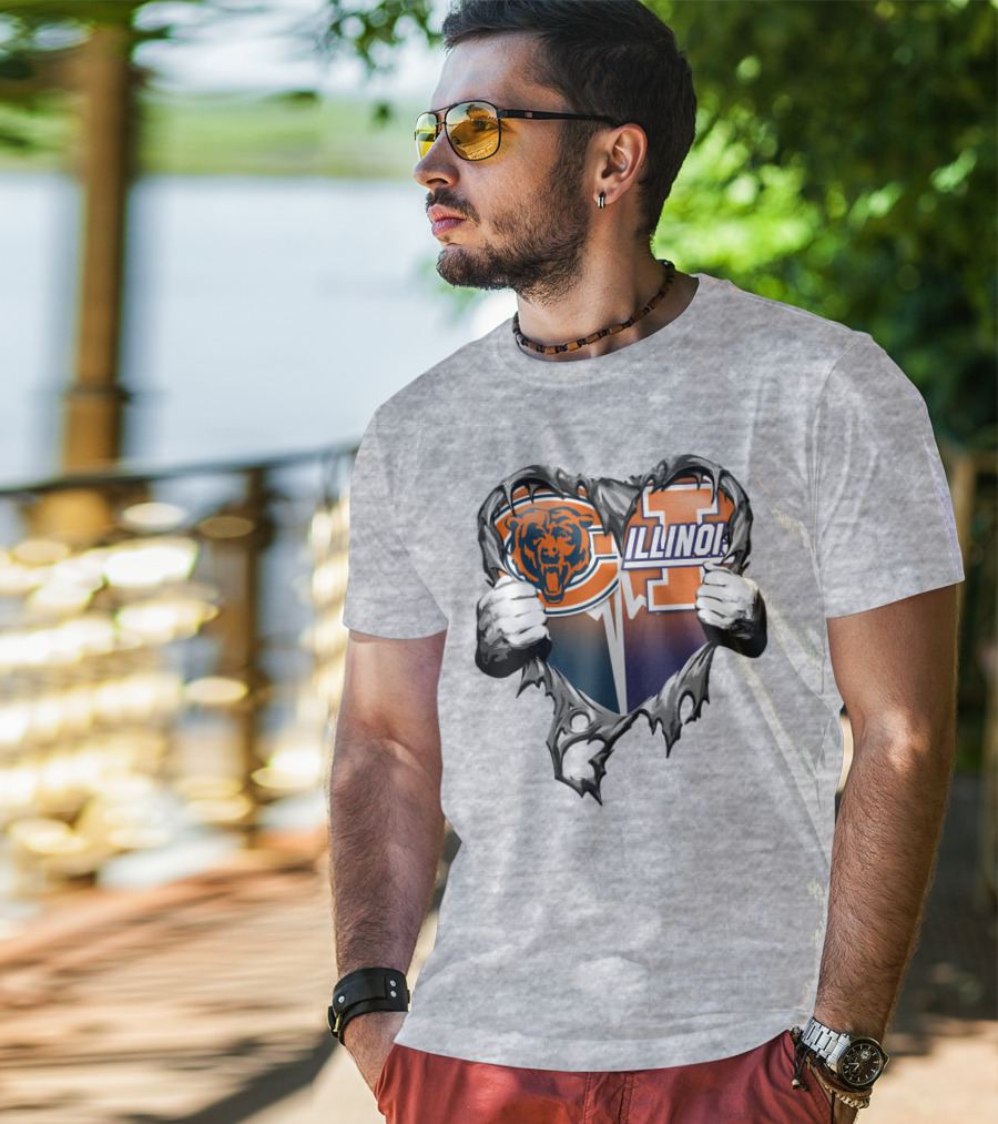 Chicago Bears Illinois Fighting Illini Heart Tear T-Shirt
