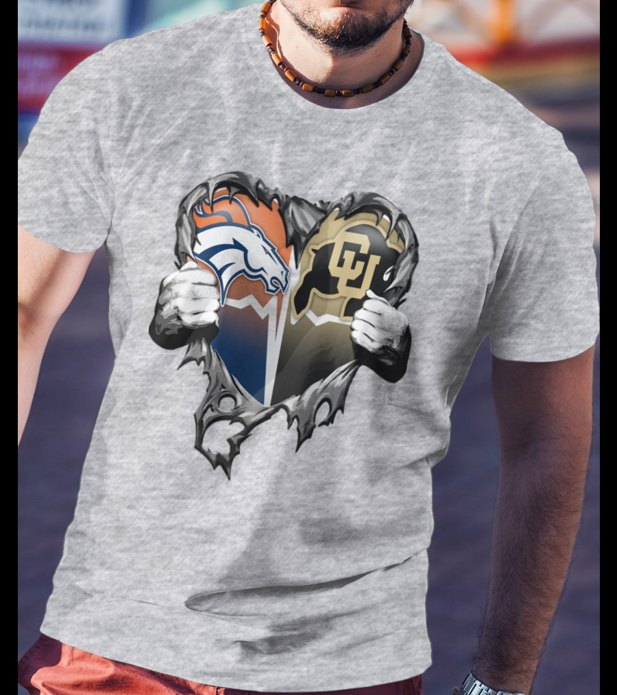 Denver Broncos And Colorado Buffaloes Heart Logo Rip T-Shirt