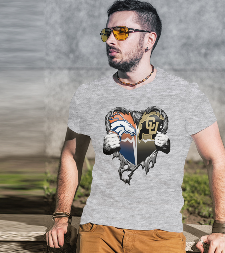 Denver Broncos And Colorado Buffaloes Heart Logo Rip T-Shirt