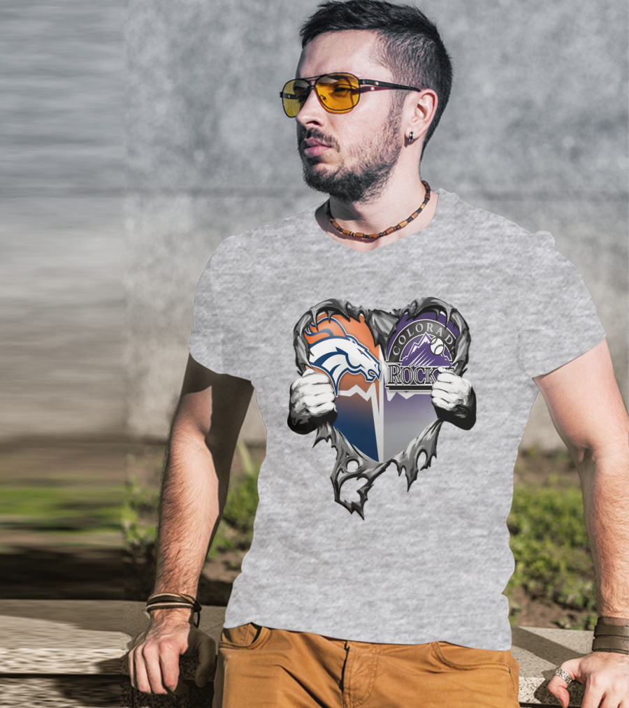 Denver Broncos Colorado Rockies Split Heart T-Shirt