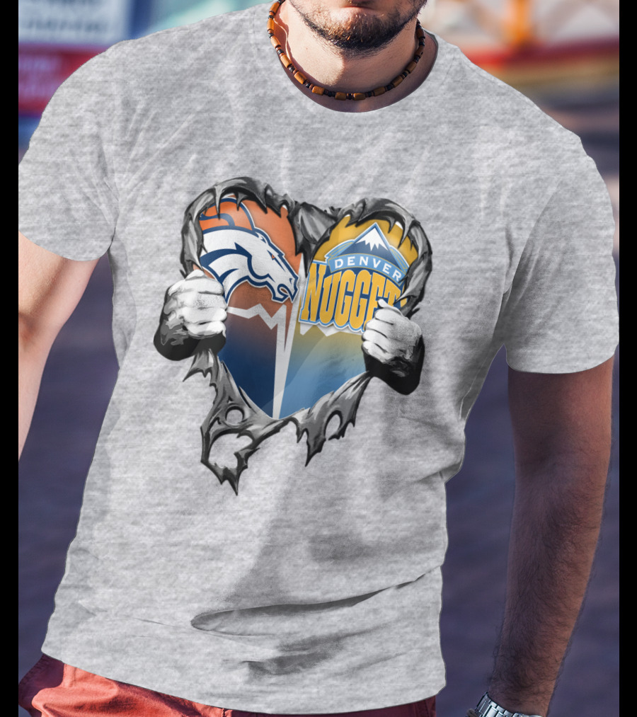 Broncos Nuggets Torn Heart Logo Fusion T-Shirt