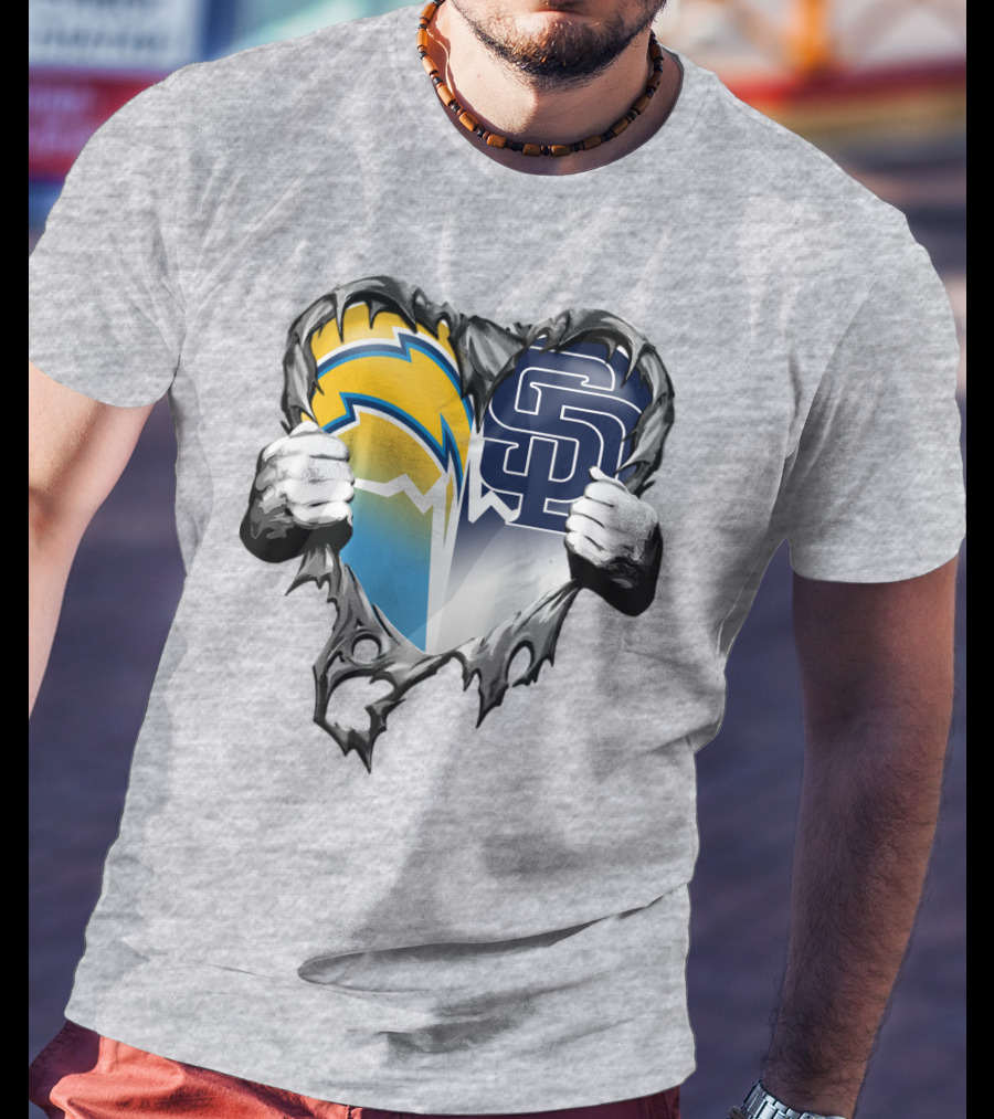 Los Angeles Chargers San Diego Padres Heart Logo Fusion T-Shirt
