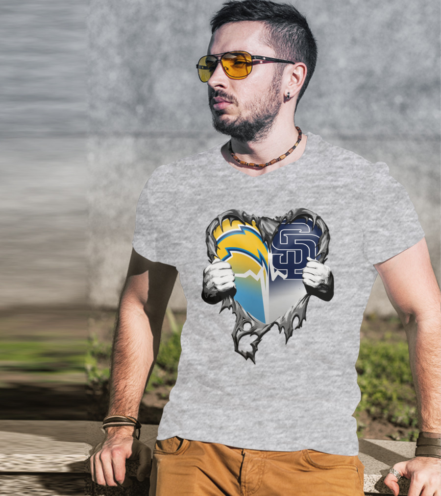 Los Angeles Chargers San Diego Padres Heart Logo Fusion T-Shirt