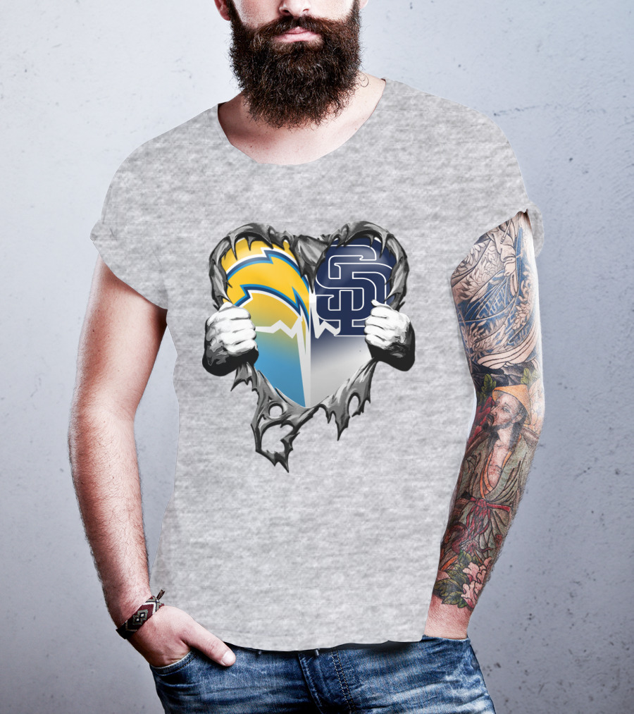 Los Angeles Chargers San Diego Padres Heart Logo Fusion T-Shirt