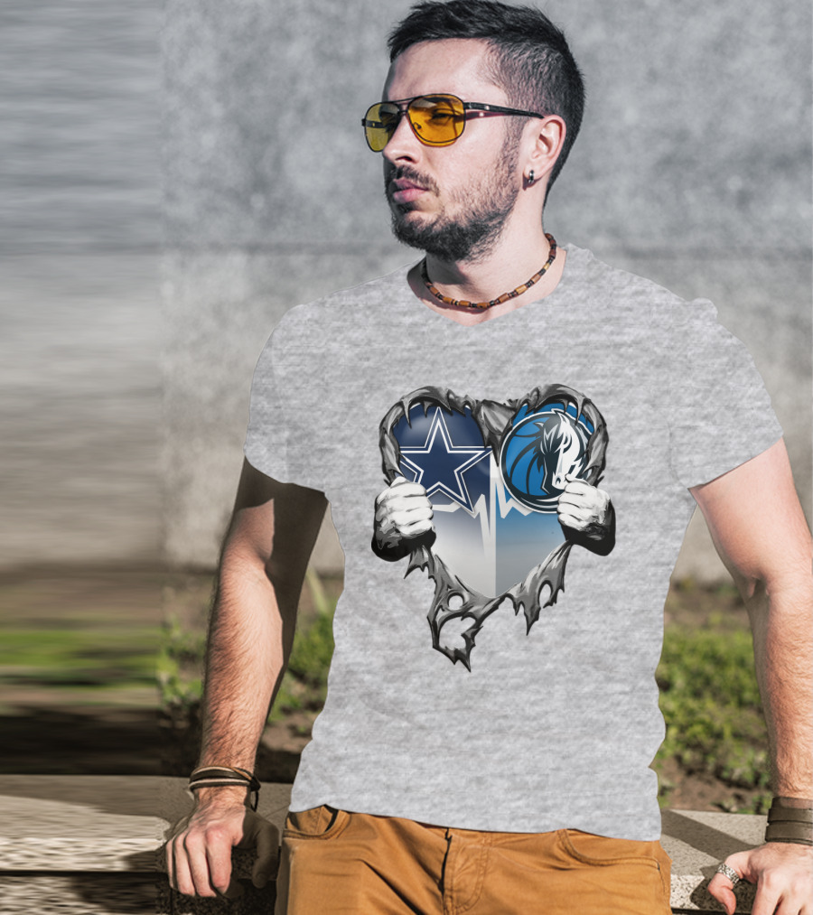 Dallas Cowboys And Mavericks Heart Logo Fusion T-Shirt