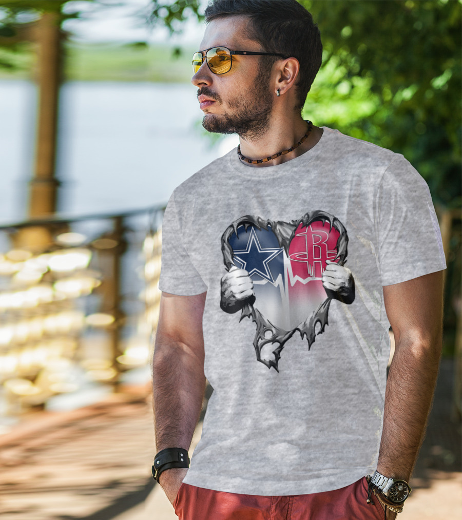 Dallas Cowboys Houston Rockets Torn Heart Logo Fusion T-Shirt
