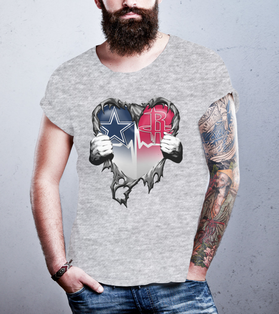 Dallas Cowboys Houston Rockets Torn Heart Logo Fusion T-Shirt