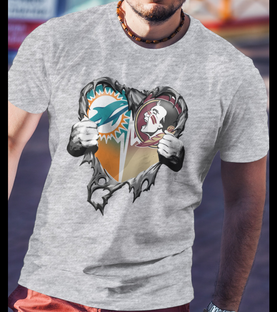 Miami Dolphins Florida State Seminoles Heart Tear T-Shirt