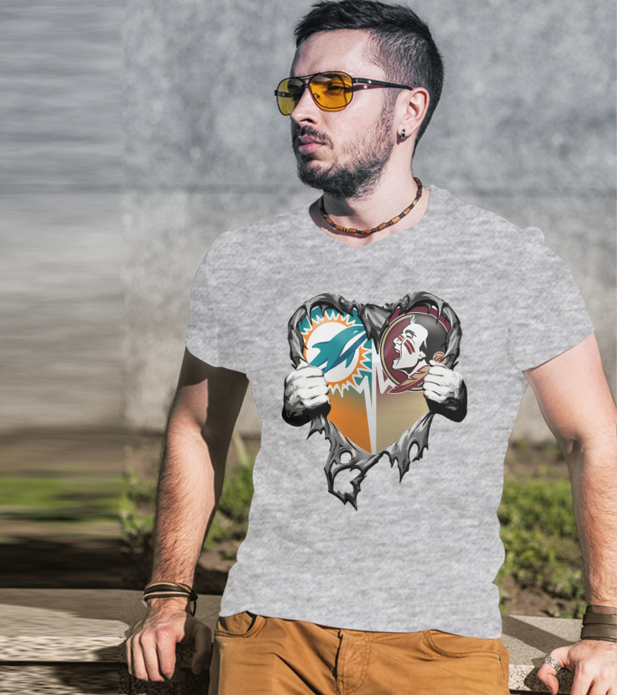 Miami Dolphins Florida State Seminoles Heart Tear T-Shirt