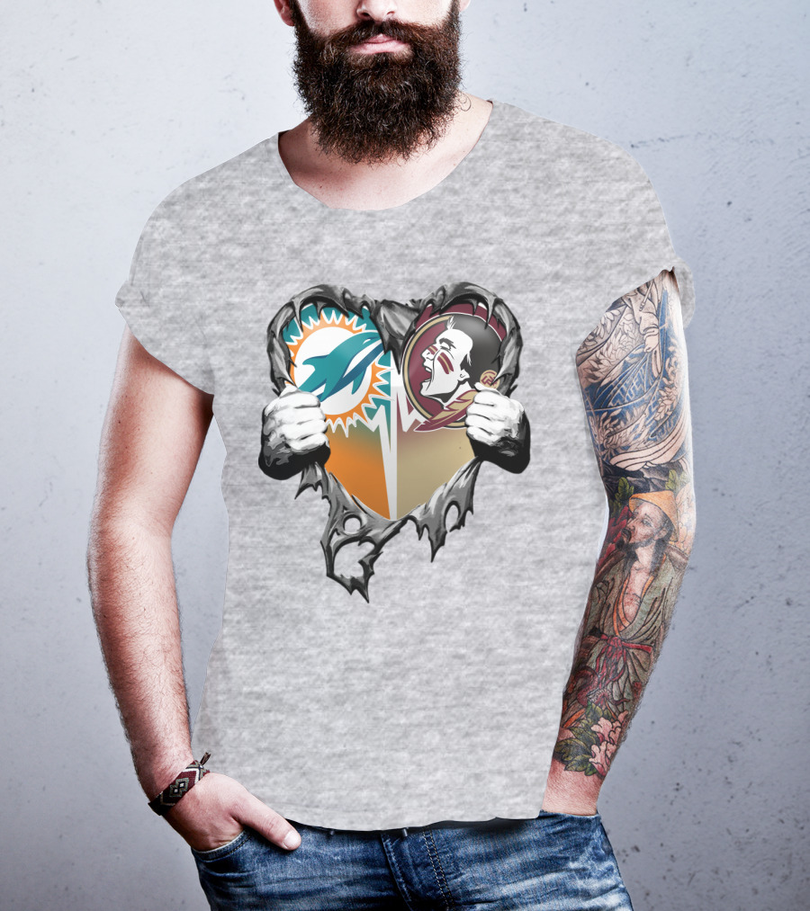 Miami Dolphins Florida State Seminoles Heart Tear T-Shirt