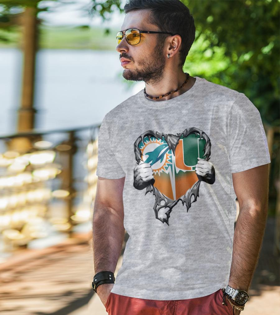 Miami Dolphins And Miami Hurricanes Heart T-Shirt