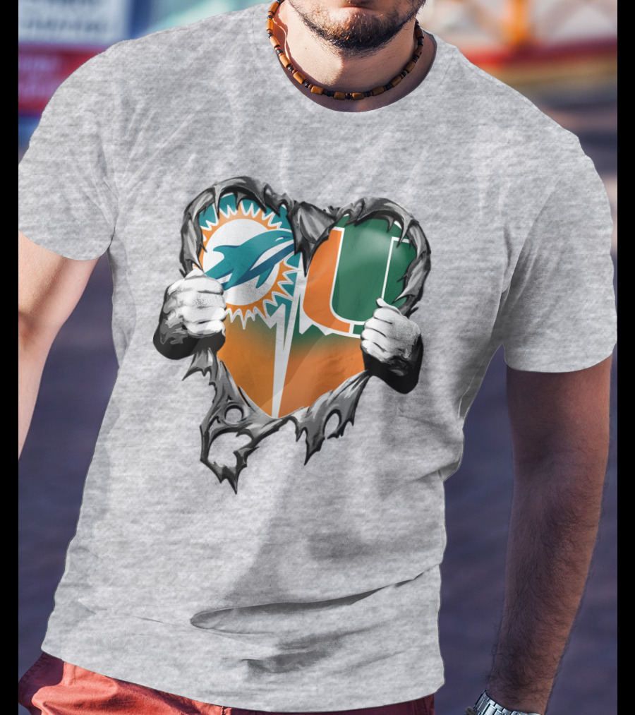 Miami Dolphins And Miami Hurricanes Heart T-Shirt