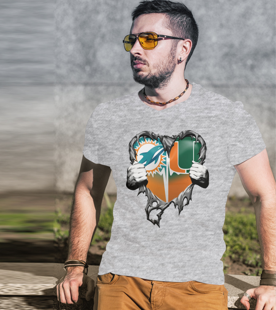 Miami Dolphins And Miami Hurricanes Heart T-Shirt