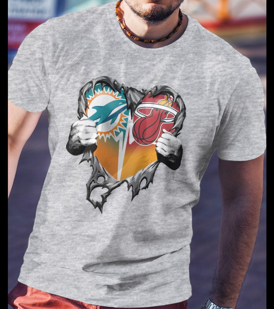 Miami Dolphins Miami Heat Heart Hands T-Shirt