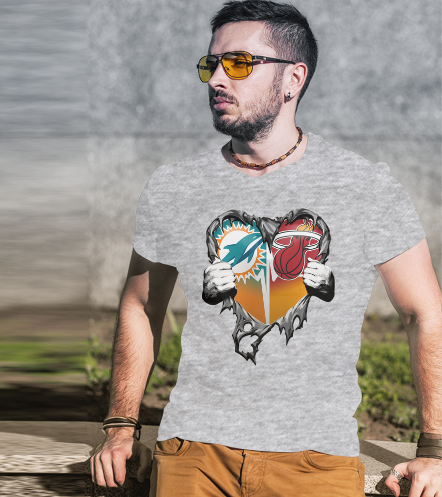 Miami Dolphins Miami Heat Heart Hands T-Shirt