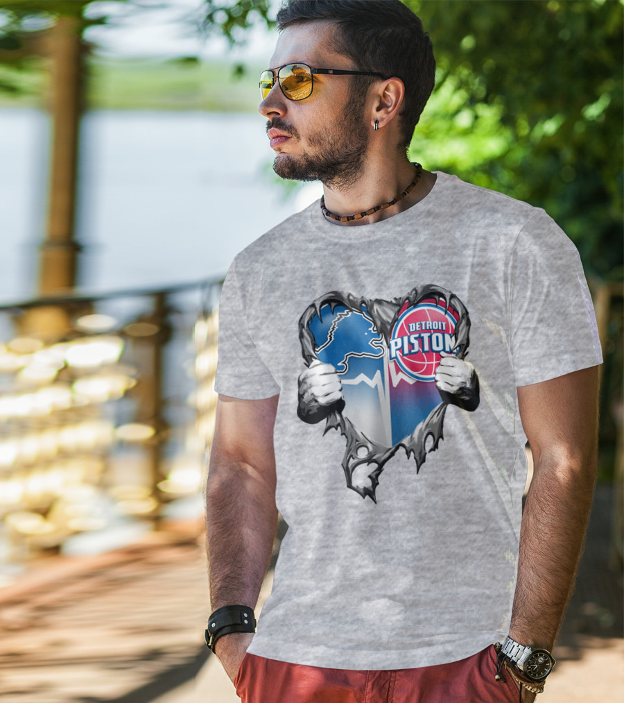Detroit Lions And Detroit Pistons Heart Logo Fusion T-Shirt
