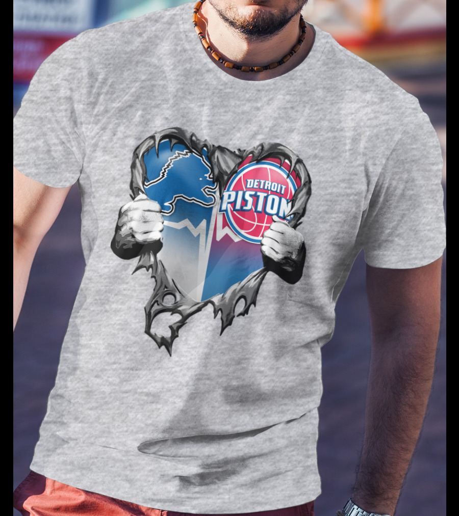 Detroit Lions And Detroit Pistons Heart Logo Fusion T-Shirt