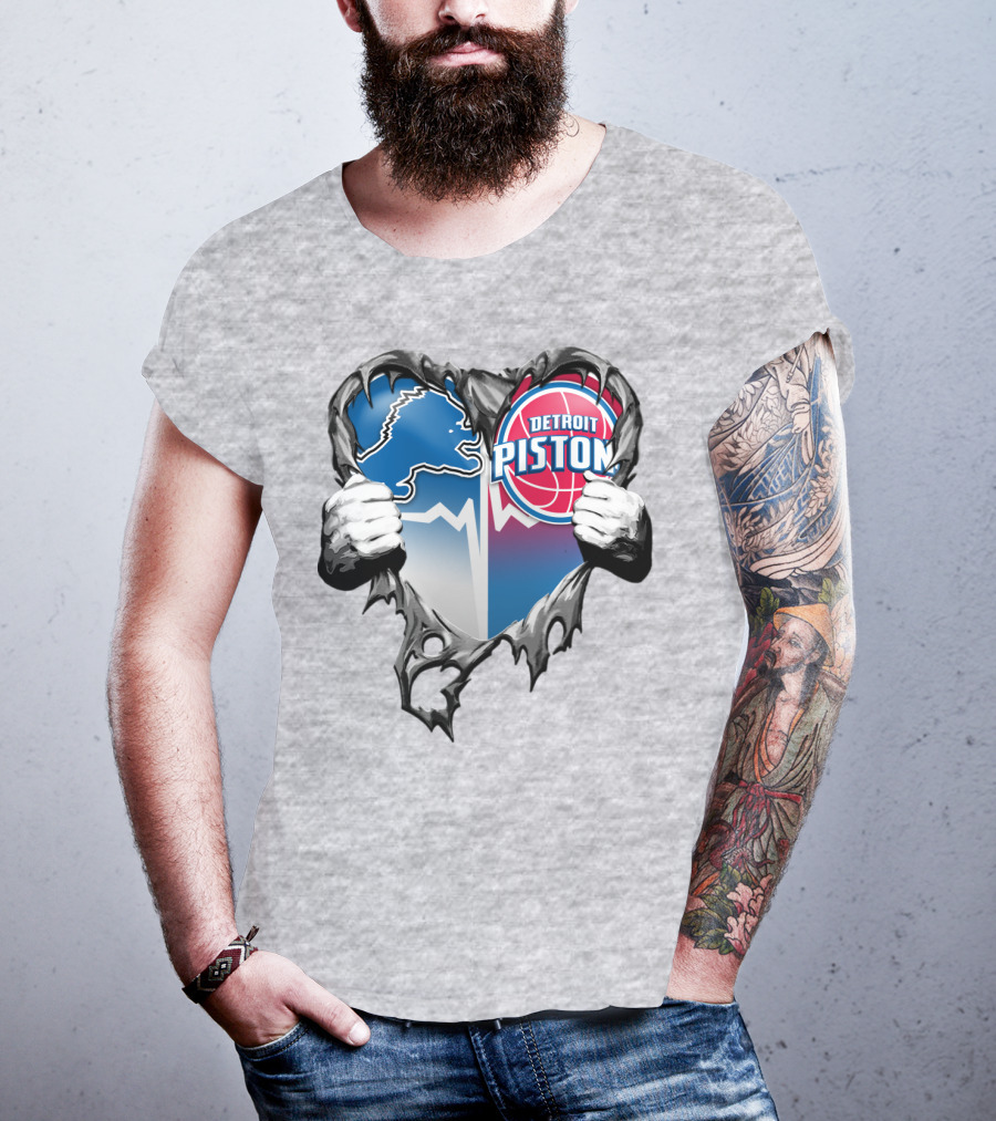 Detroit Lions And Detroit Pistons Heart Logo Fusion T-Shirt