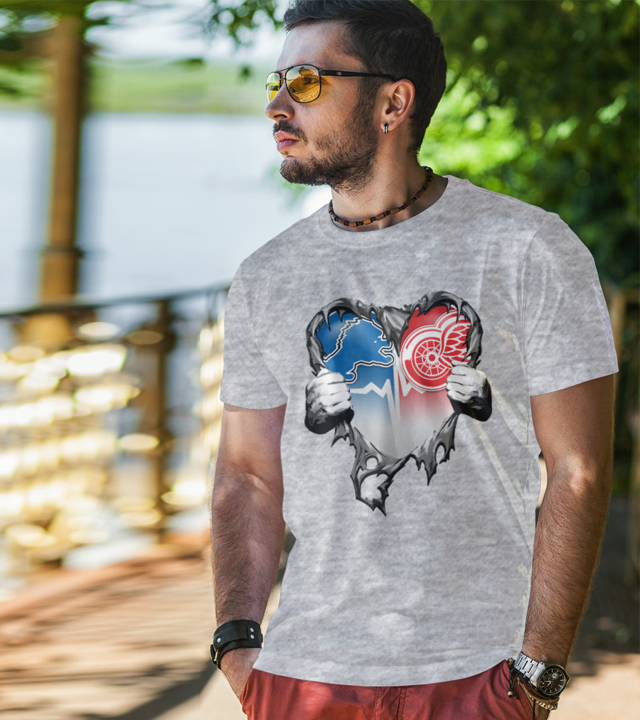 Xatt073 Detroit Lions Red Wings Heart Rip T-Shirt