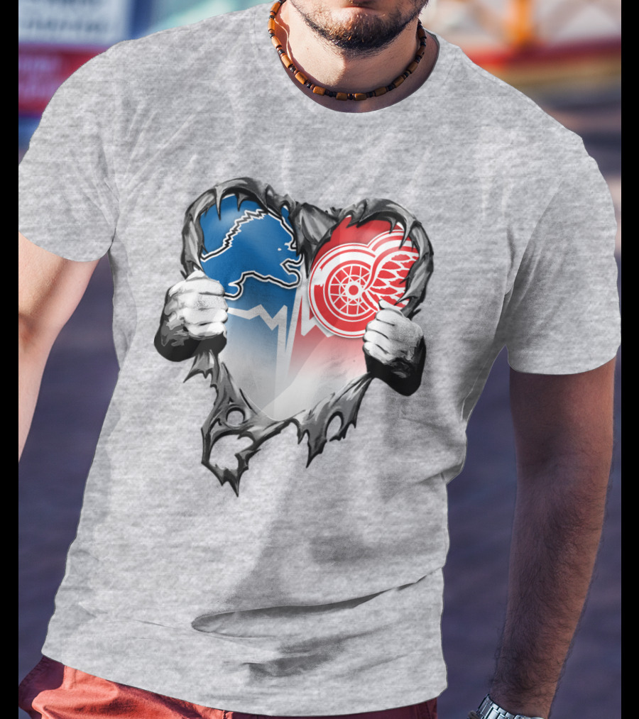 Xatt073 Detroit Lions Red Wings Heart Rip T-Shirt