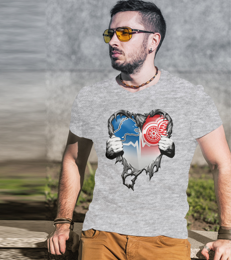 Xatt073 Detroit Lions Red Wings Heart Rip T-Shirt