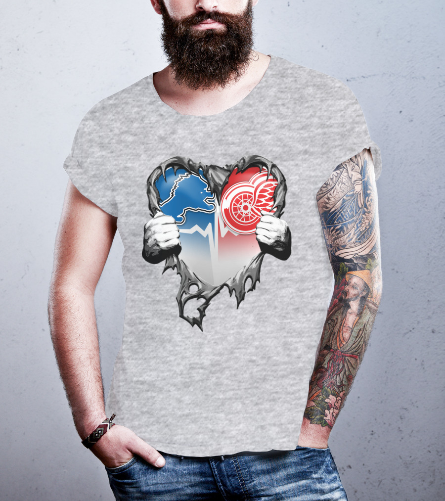 Xatt073 Detroit Lions Red Wings Heart Rip T-Shirt