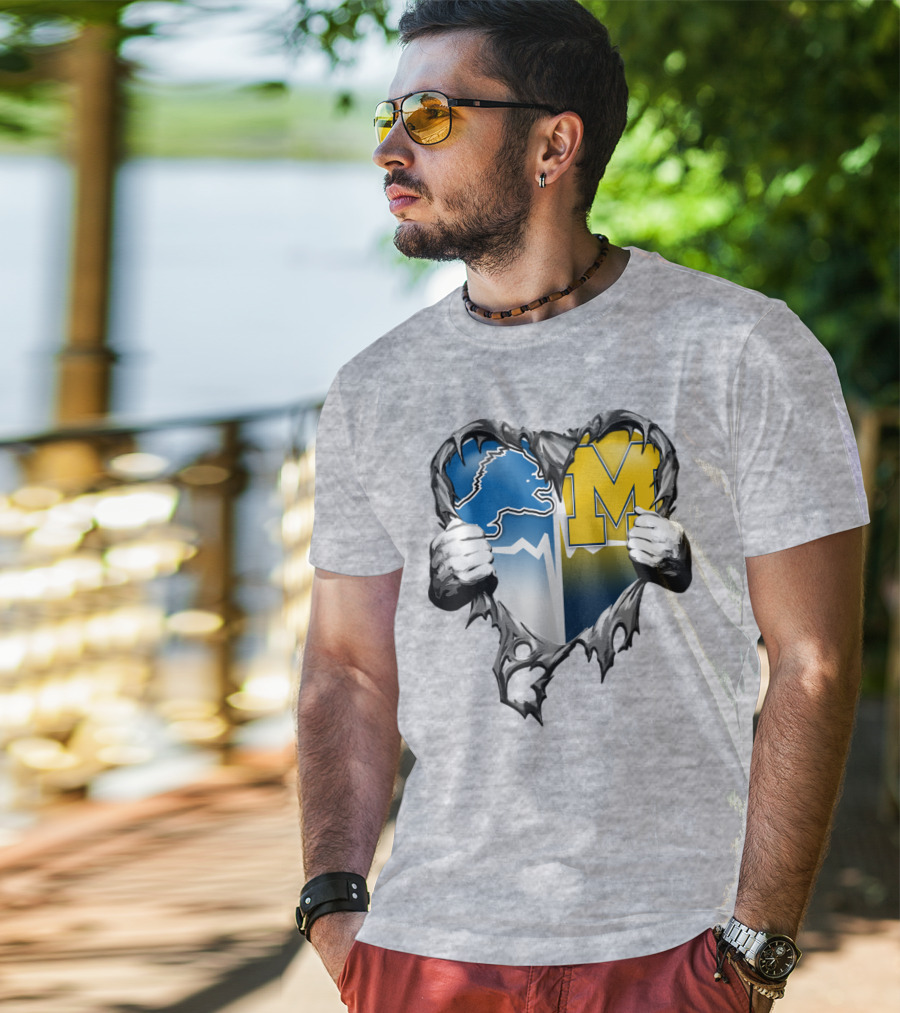 Detroit Lions And Michigan Wolverines Split Heart T-Shirt
