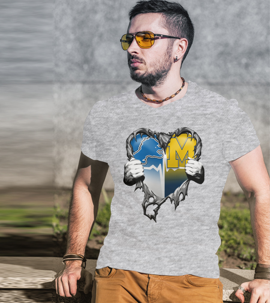 Detroit Lions And Michigan Wolverines Split Heart T-Shirt