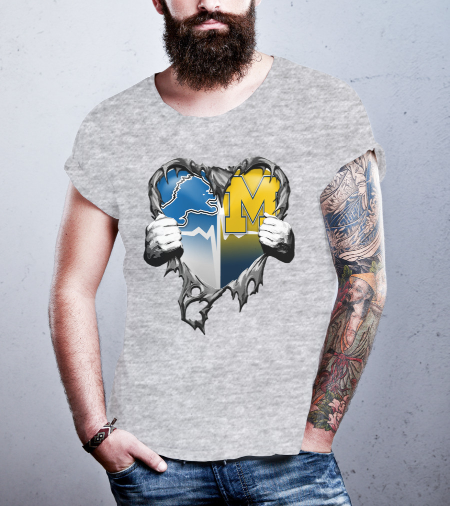 Detroit Lions And Michigan Wolverines Split Heart T-Shirt