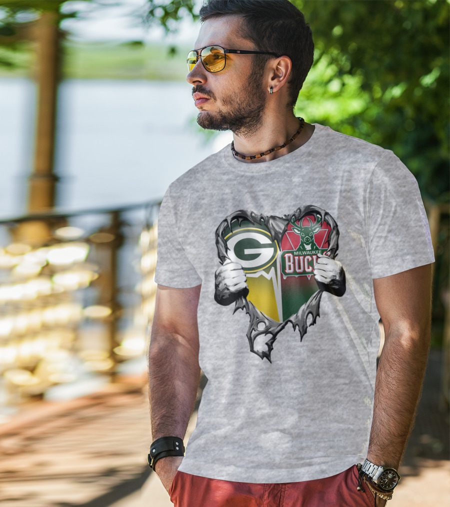 Green Bay Packers Milwaukee Bucks Heart T-Shirt