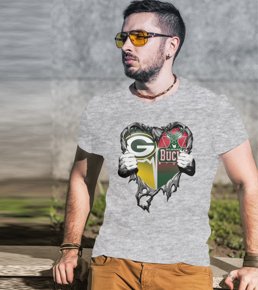 Green Bay Packers Milwaukee Bucks Heart T-Shirt