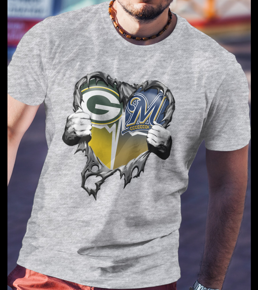 Green Bay Packers Milwaukee Brewers Heart Tear T-Shirt