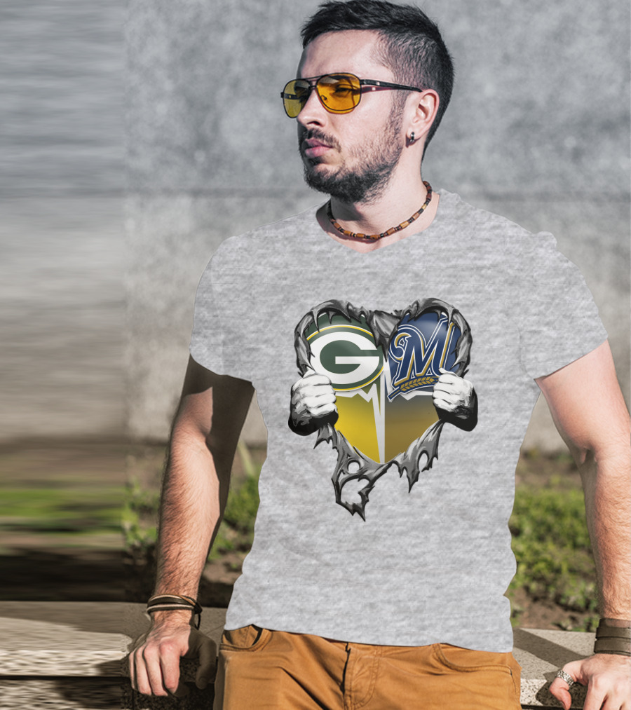 Green Bay Packers Milwaukee Brewers Heart Tear T-Shirt