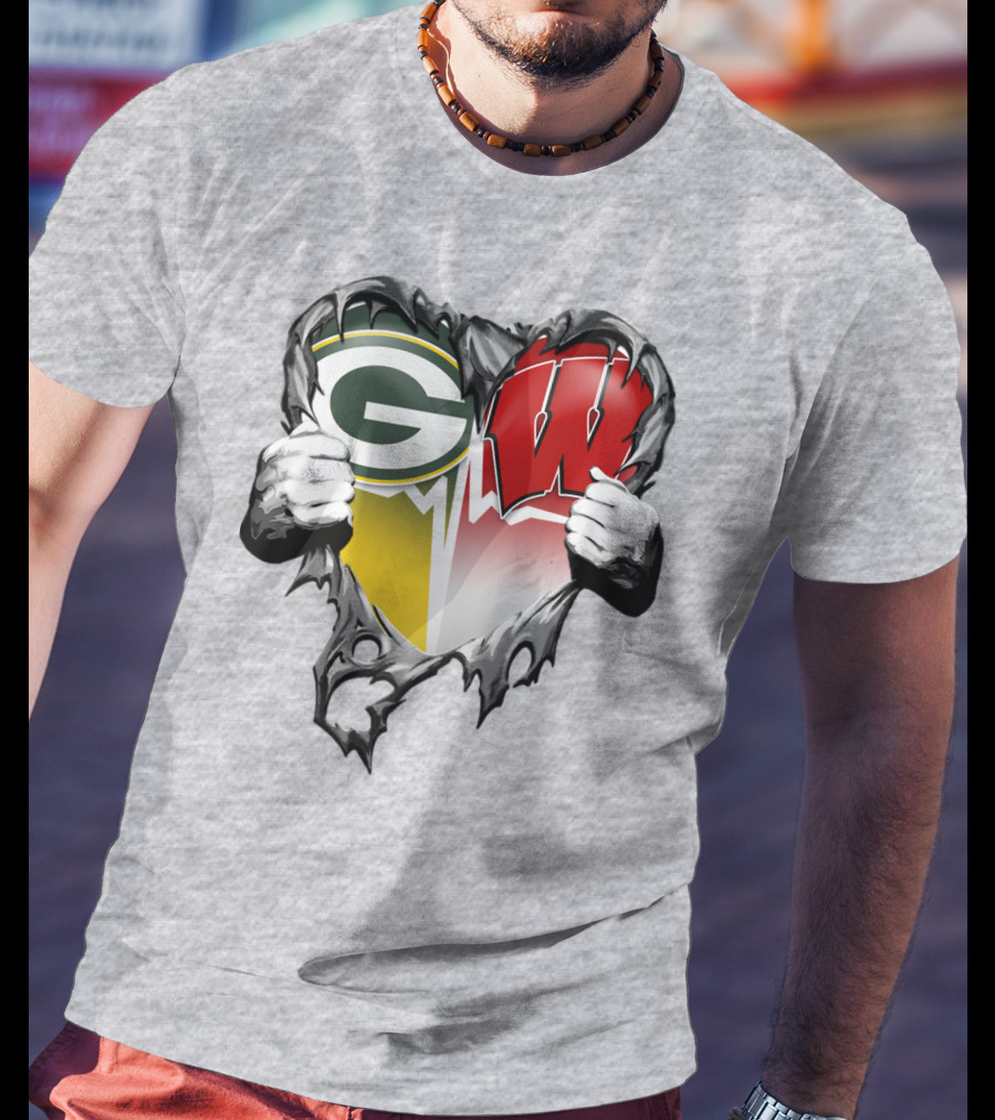Green Bay Packers And Wisconsin Badgers Rip Heart T-Shirt