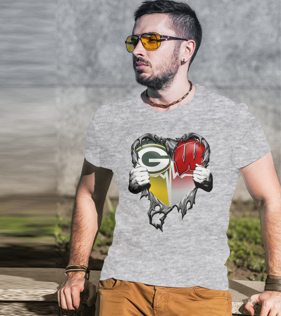 Green Bay Packers And Wisconsin Badgers Rip Heart T-Shirt