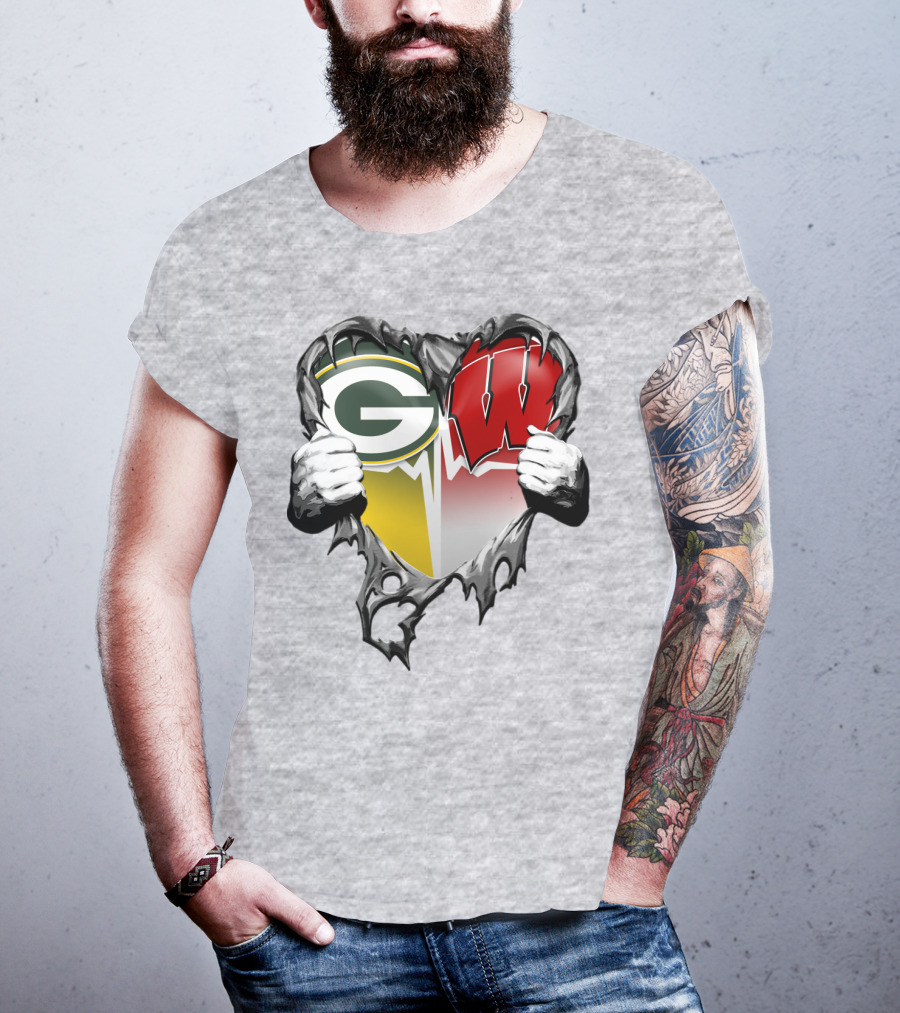 Green Bay Packers And Wisconsin Badgers Rip Heart T-Shirt