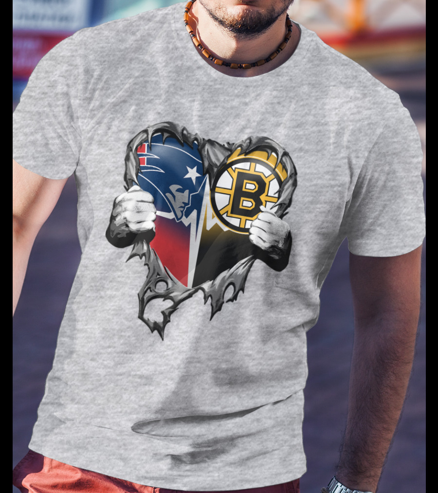 Patriots Bruins Torn Heart Logo Fusion T-Shirt