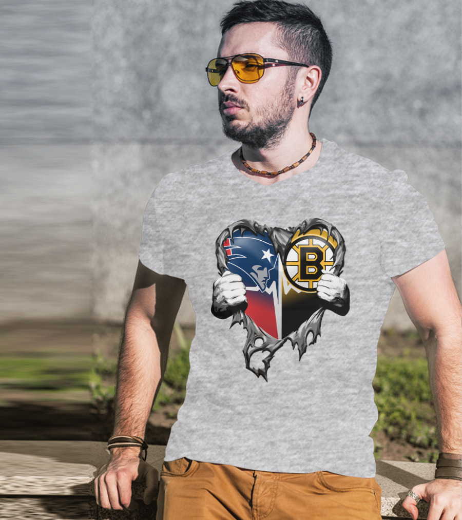 Patriots Bruins Torn Heart Logo Fusion T-Shirt