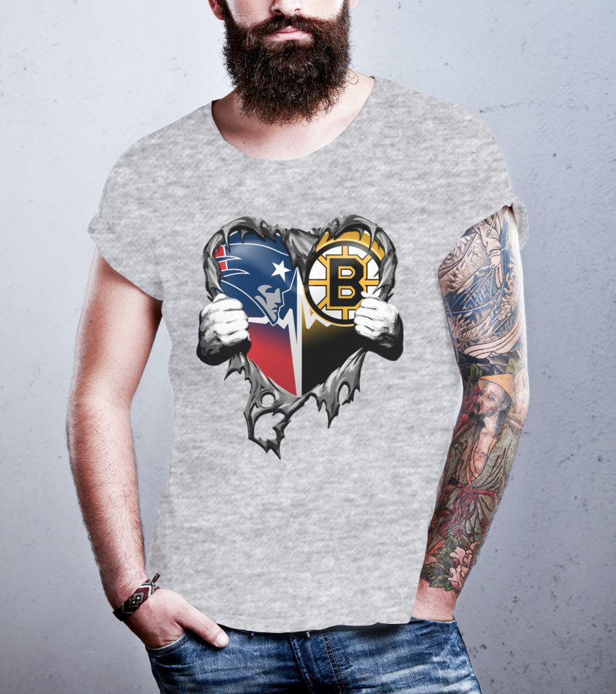 Patriots Bruins Torn Heart Logo Fusion T-Shirt