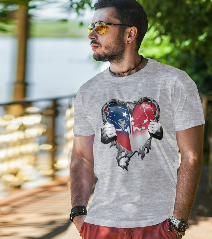 Patriots And Red Sox Heart Design With Torn Metal Effect T-Shirt