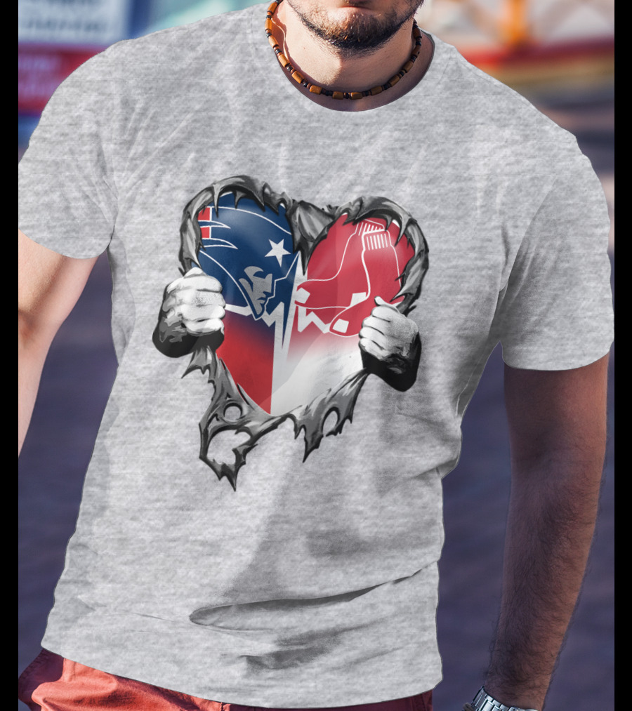 Patriots And Red Sox Heart Design With Torn Metal Effect T-Shirt