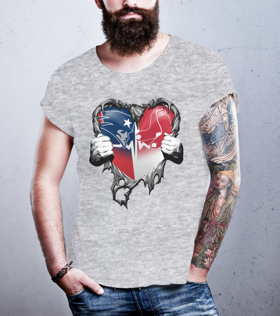 Patriots And Red Sox Heart Design With Torn Metal Effect T-Shirt