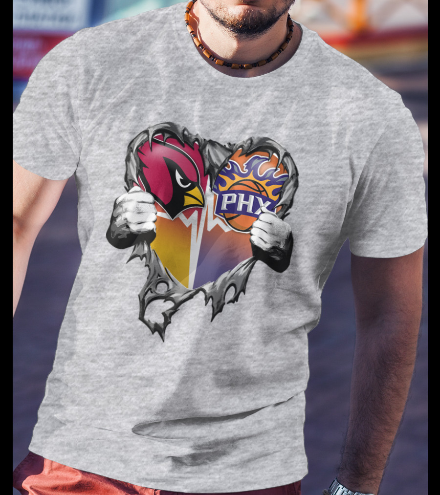 Arizona Cardinals And Phoenix Suns Heart Symbol With Torn Metal Effect T-Shirt