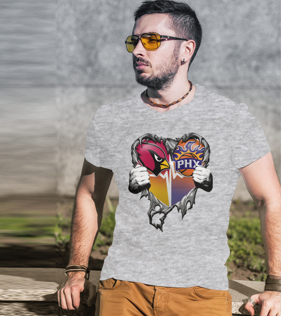 Arizona Cardinals And Phoenix Suns Heart Symbol With Torn Metal Effect T-Shirt