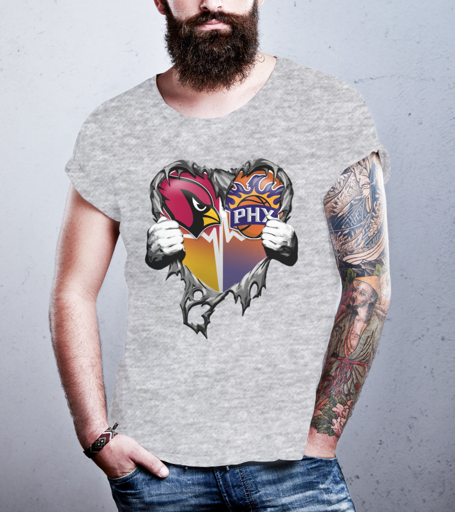 Arizona Cardinals And Phoenix Suns Heart Symbol With Torn Metal Effect T-Shirt