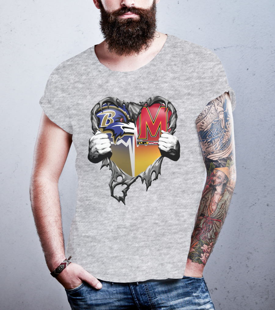 Baltimore Ravens Maryland Terrapins Heart Rip Football Fan T-Shirt