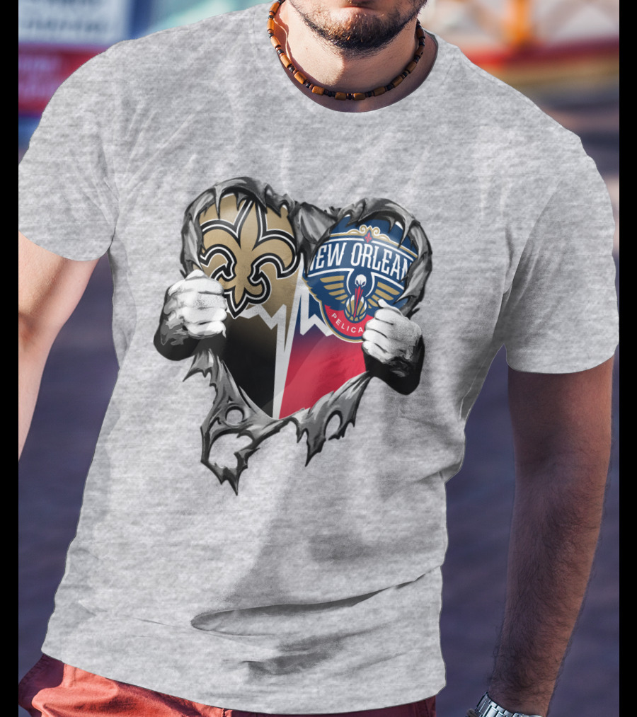 New Orleans Saints Pelicans Heart Tear T-Shirt